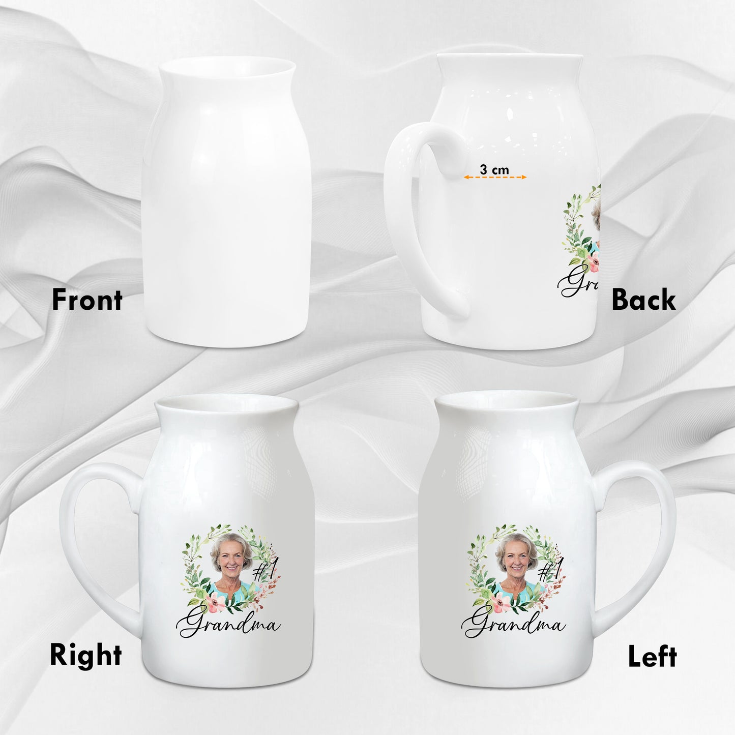 Netecom Personalized Ceramic Jug Vase with Custom Photo and Text, Unique Gift for Grandma, Mother’s Day, or Birthday