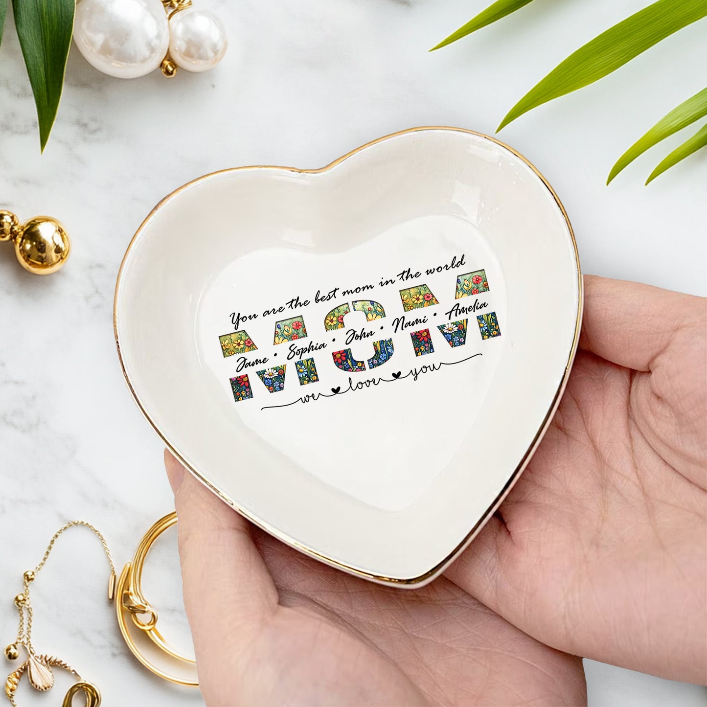 Netecom Elegant Floral "MOM" Ring Holder with Personalized Kids Names, Ideal Gift for Grandma or Mother's Day