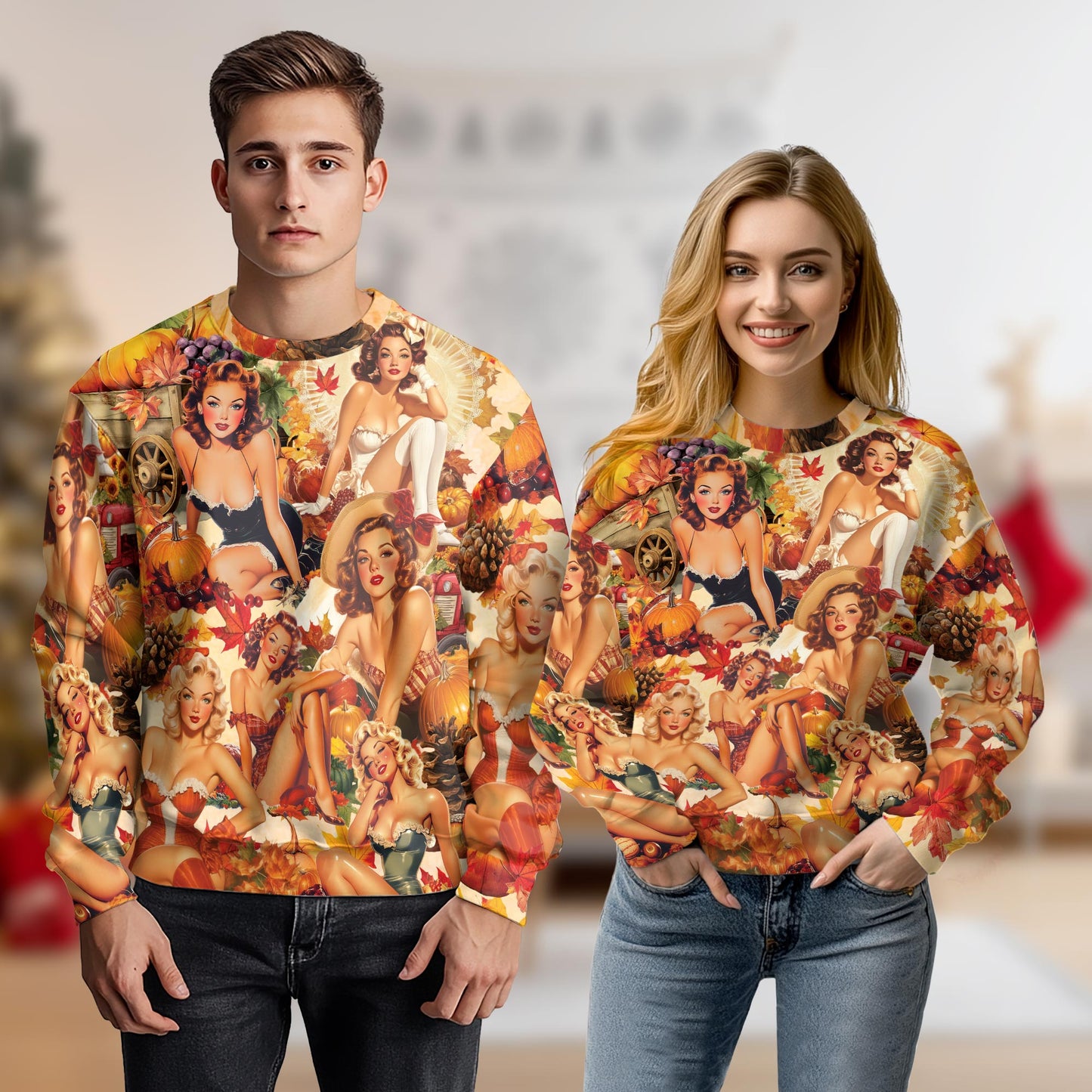 Netecom Vintage Pin Up Girl Thanksgiving Sweatshirt 3D All Over Print, Retro Autumn Style, Crewneck Pullover for Costume Party