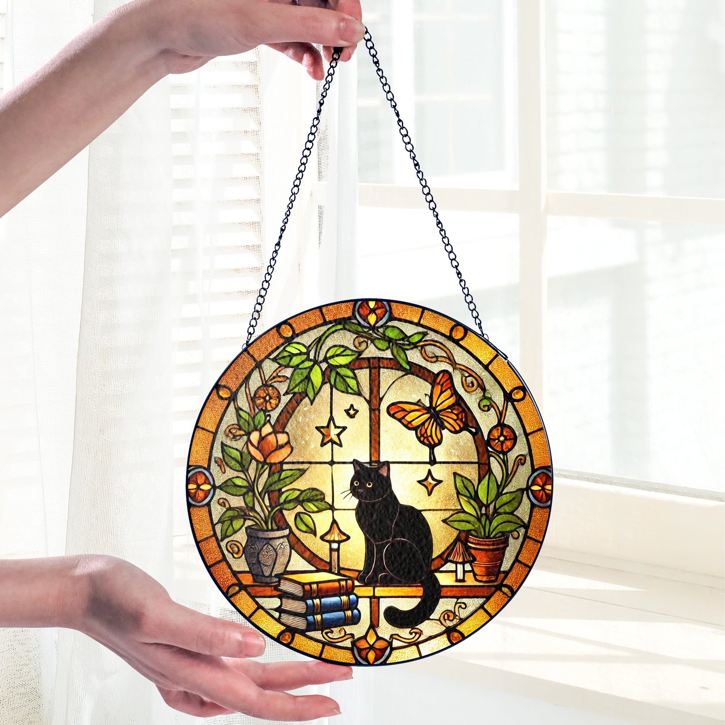 Netecom Black Cat and Books Stained Glass Suncatcher, Golden Floral Window Hanging, Cozy Home Decor, Christmas Gift for Cat Lovers and Book Enthusiasts