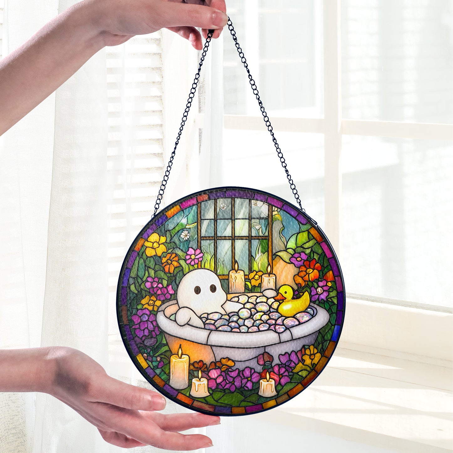 Netecom Charming Ghost in Bathtub Stained Glass Sun Catcher – Quirky Decorative Ornament, Perfect Gift for Fun and Whimsy