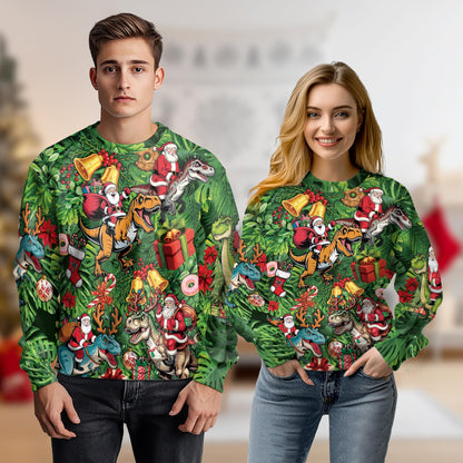 Netecom Tropical Dinosaur Christmas Sweatshirt 3D All Over Print, Santa Riding T Rex Design, Crewneck Pullover for Costume Party