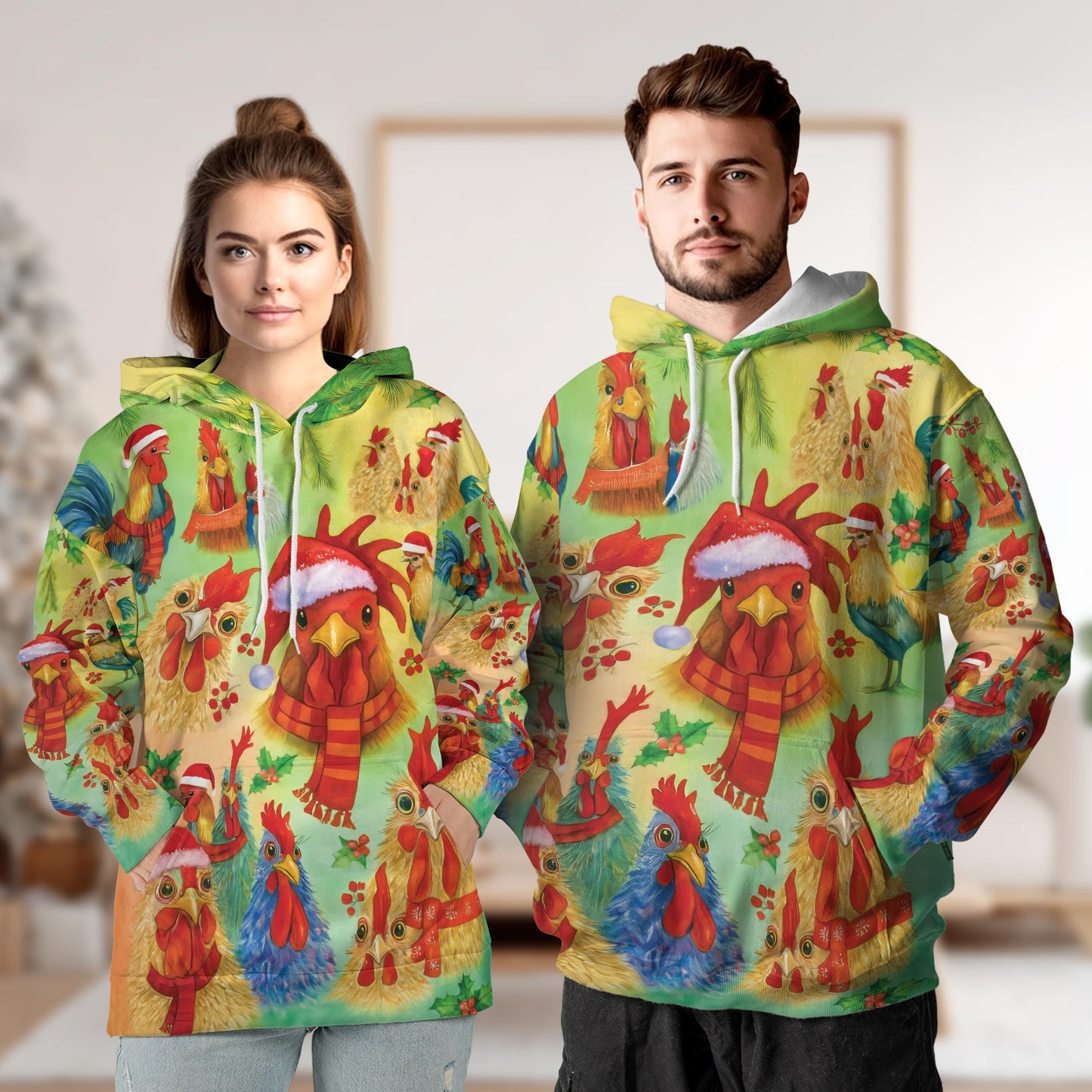 Netecom Rooster Merry Clucking Christmas 3D Hoodie with Front Pocket, Unisex Casual All Over Graphic Sweatshirt