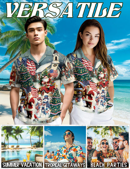 Netecom American Flag Santa Christmas Hawaiian Shirt, Patriotic Holiday Button Down Summer Beach Short Sleeve Shirt, S-5XL