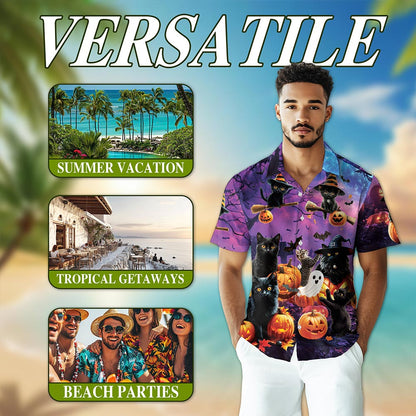 Netecom Black Cat Pumpkin Hawaiian Shirt for Men, Halloween Present, Animal Ghost Button Down Summer Short Shirts, S-5XL
