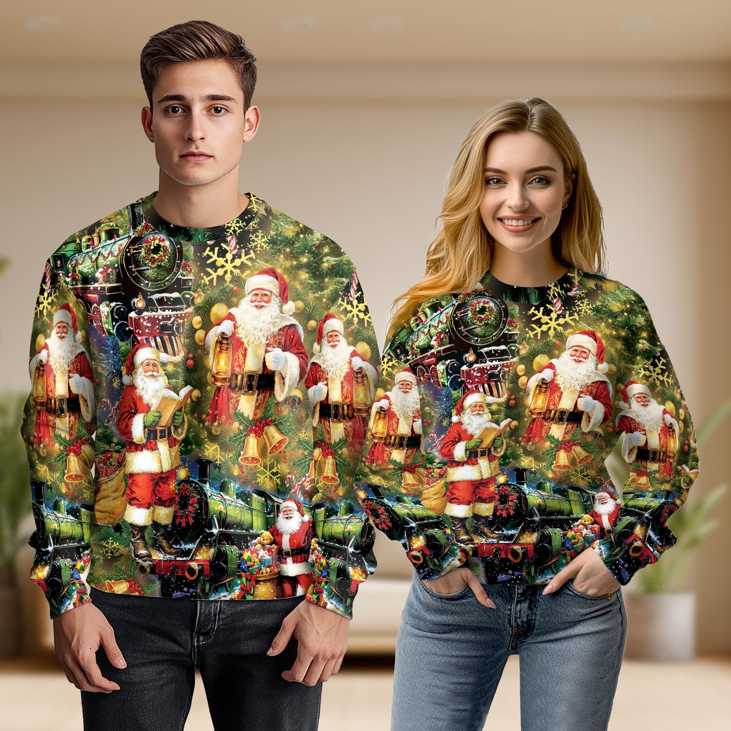 Netecom Santa Locomotive Christmas Sweatshirt 3D All Over Print – Unisex Crewneck Pullover, Lightweight Fleece Casual Outfit