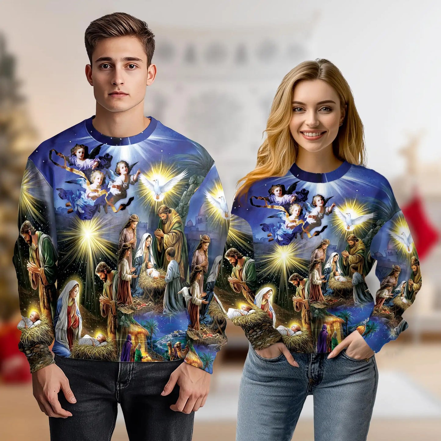 Jesus Birth Christmas Sweatshirt, 3D All Over Print Nativity Scene Holiday Crewneck Pullover for Men Women, Christian Christmas Gift - Netecom