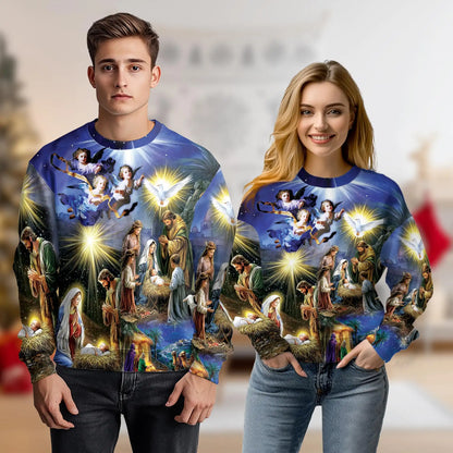 Jesus Birth Christmas Sweatshirt, 3D All Over Print Nativity Scene Holiday Crewneck Pullover for Men Women, Christian Christmas Gift - Netecom