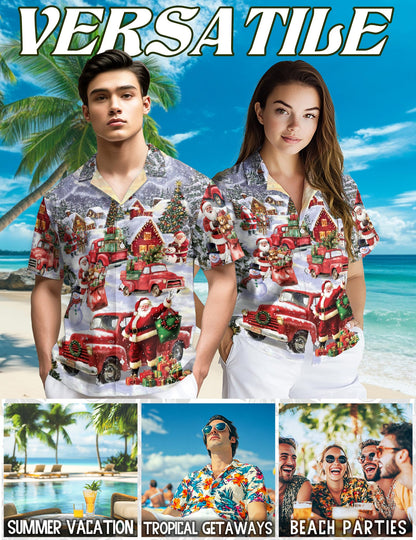 Netecom Christmas Red Truck Hawaiian Shirt for Men Women, Santa Claus Snow Button Down Beach Short Sleeve Shirts, S-5XL