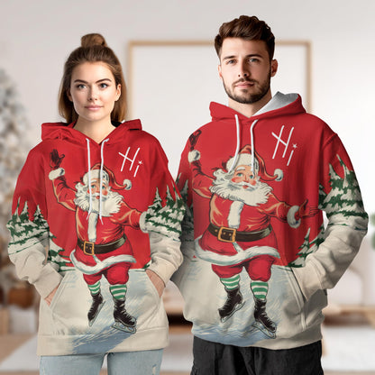 Neteco Ice Skating Santa 3D Hoodie with Front Pocket, Unisex Casual All Over Fashion Christmas Graphic Sweatshirt