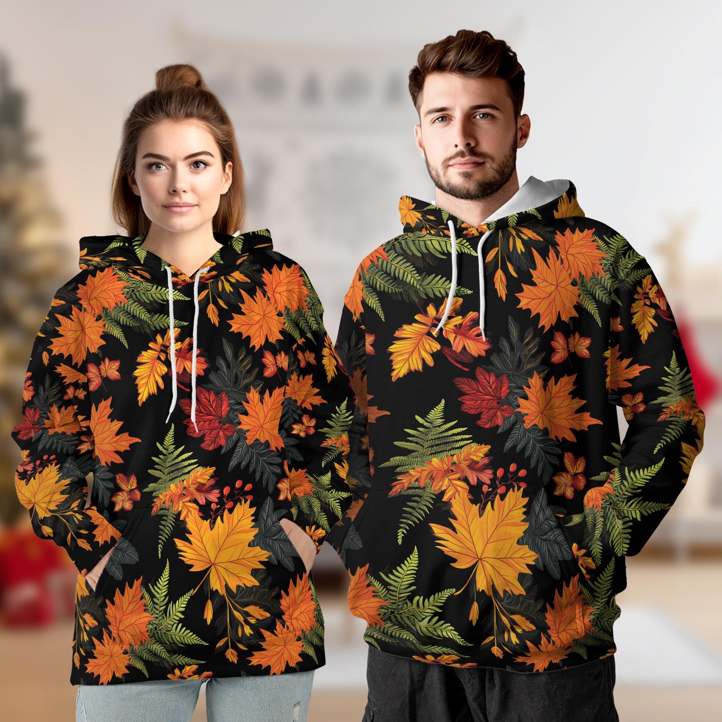 Netecom Happy Thanksgiving Print Hoodie with Front Pocket, All Over Graphic Fall Leaves Pumpkin Sweatshirt Unisex Casual