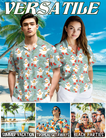 Netecom Snowy Christmas Duck Hawaiian Shirt for Men, Cute Duck Winter Print Button Down Short Sleeve Shirt