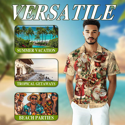 Netecom Vintage Santa Claus Christmas Hawaiian Shirt, Musical Holiday Button Down Summer Beach Short Sleeve Shirt, S-5XL