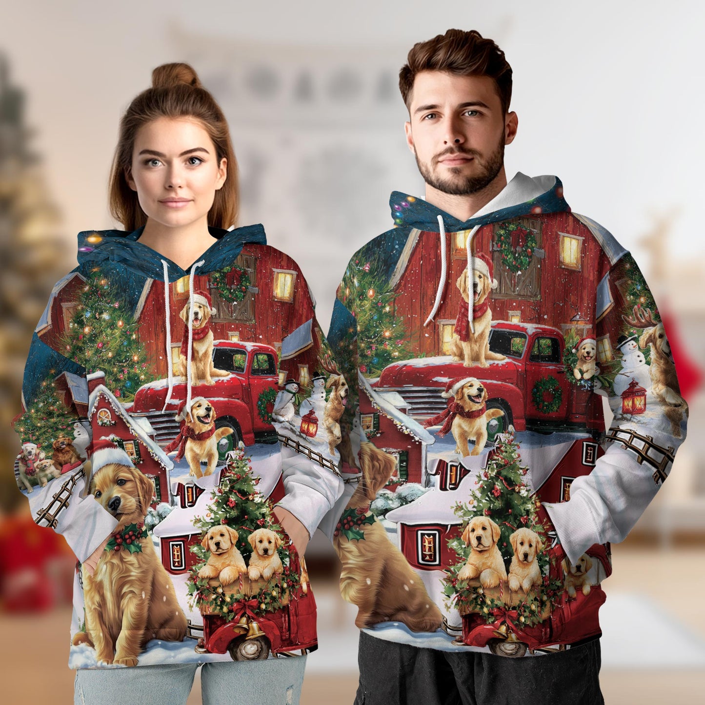 Netecom Golden Retriever Christmas Print Hoodie with Front Pocket, Dog Lover Gift, All Over Graphic Sweatshirt Unisex Casual