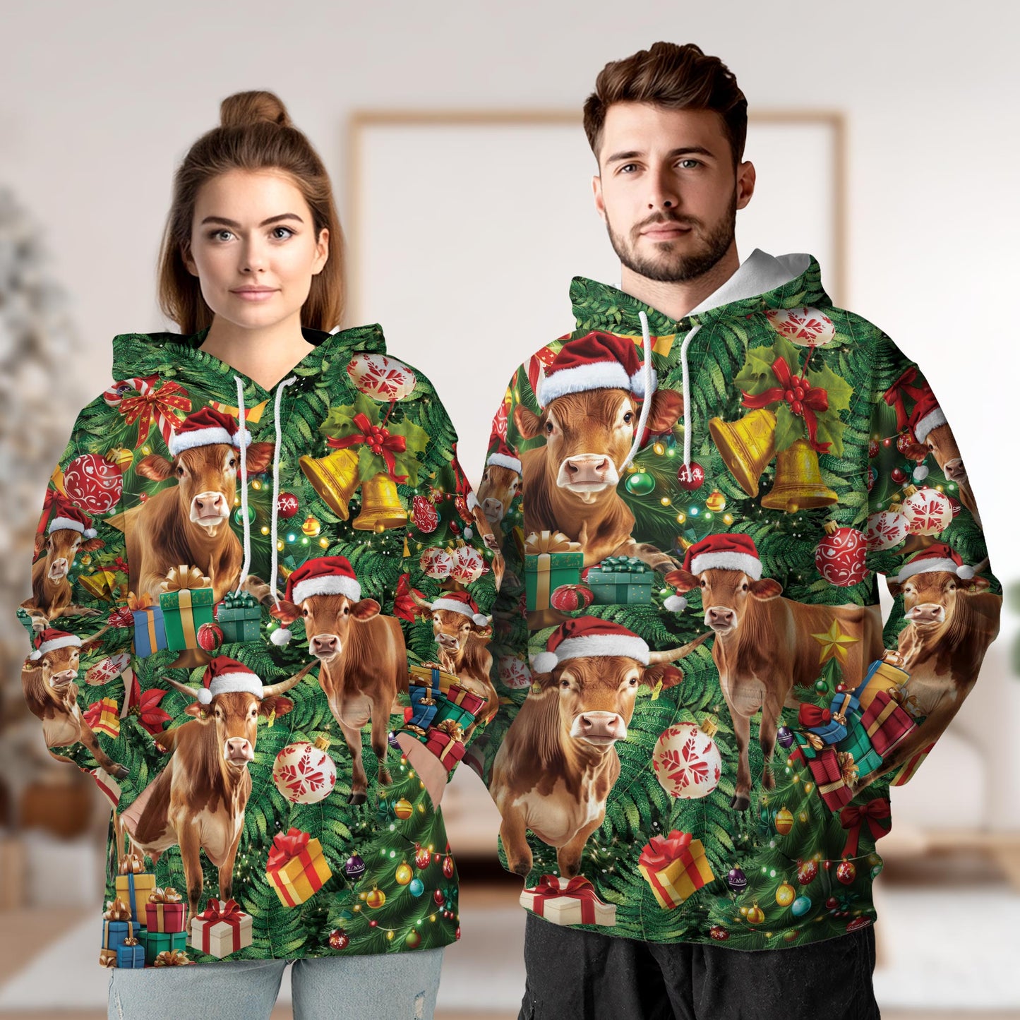 Netecom Christmas Cow 3D Hoodie with Front Pocket, Unisex Casual All Over Santa Hat Farm Animal Graphic Sweatshirt