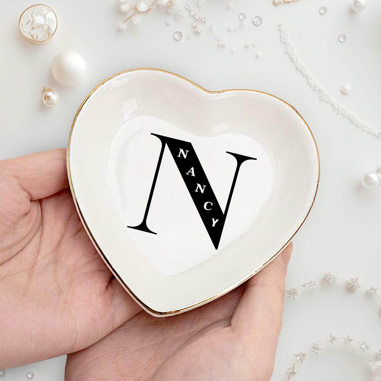 Netecom Personalized Jewelry Tray with Initials, Floral Design, Custom Ceramic Tray for Family Gifts or Special Celebrations