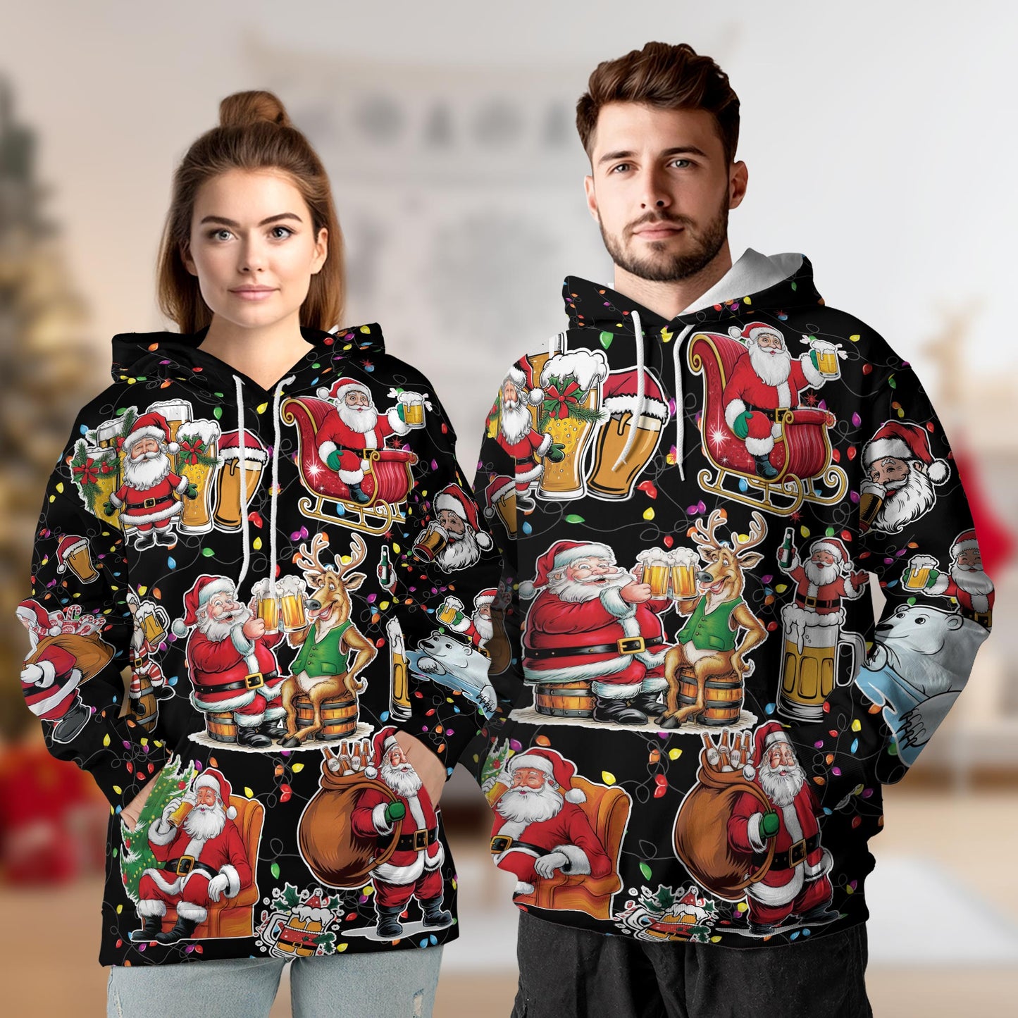 Netecom Santa Beer Lover Print Hoodie with Front Pocket, All Over Funny Christmas Drinking Graphic Sweatshirt Unisex Casual