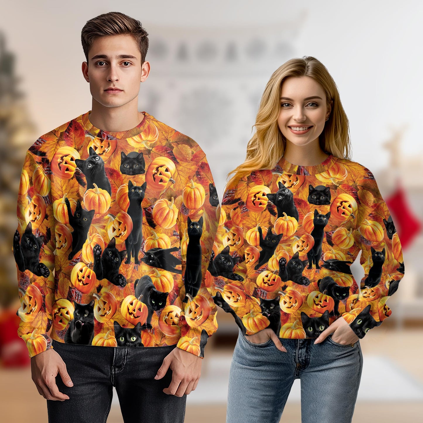 Netecom Halloween Black Cat Pumpkin Sweatshirt 3D All Over Print, Spooky Autumn Outfit, Crewneck Pullover for Costume Party