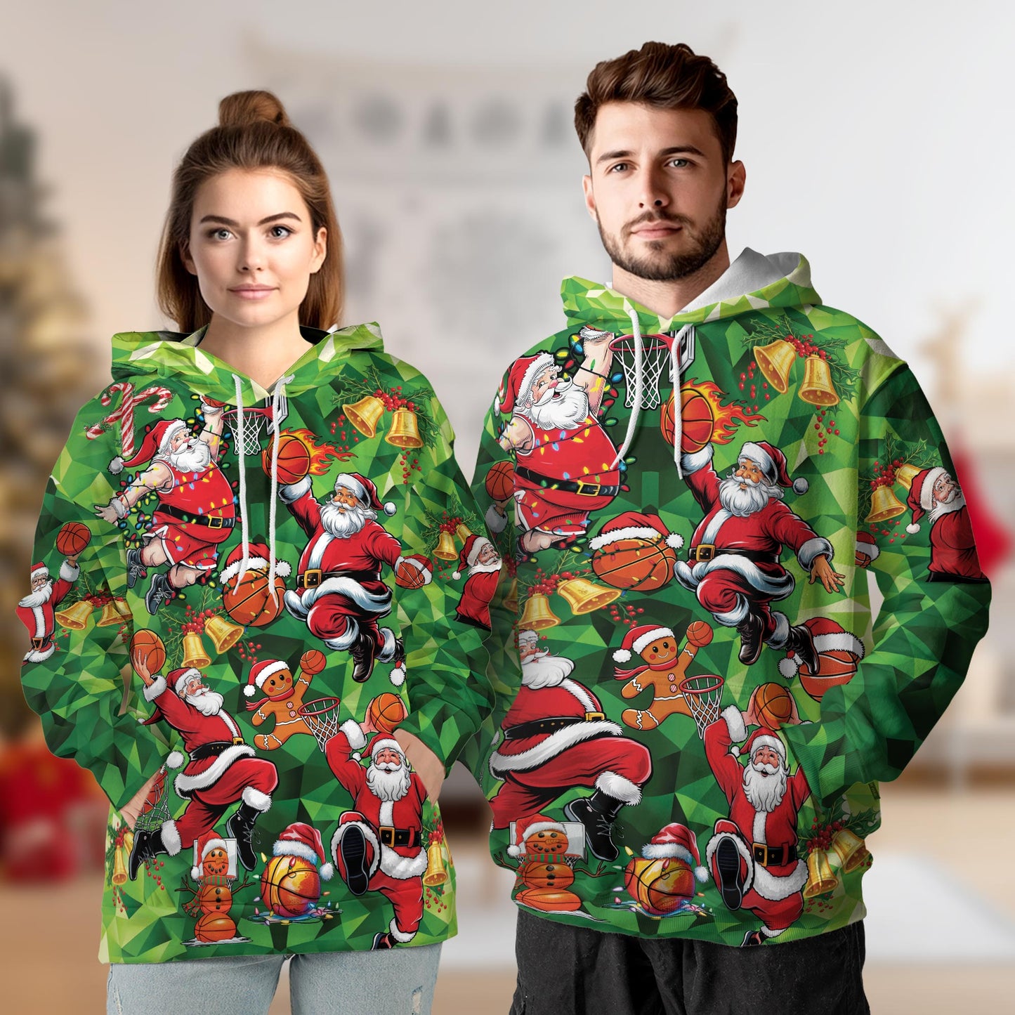 Netecom Santa Claus Basketball Christmas Print Hoodie with Front Pocket, All Over Sports Graphic Sweatshirt Unisex Casual