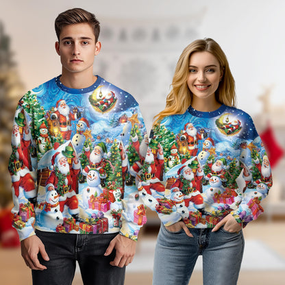 Netecom Santa Clause in Snow Sweatshirt 3D All Over Print, Snowman Christmas Design, Crewneck Pullover for Costume Party