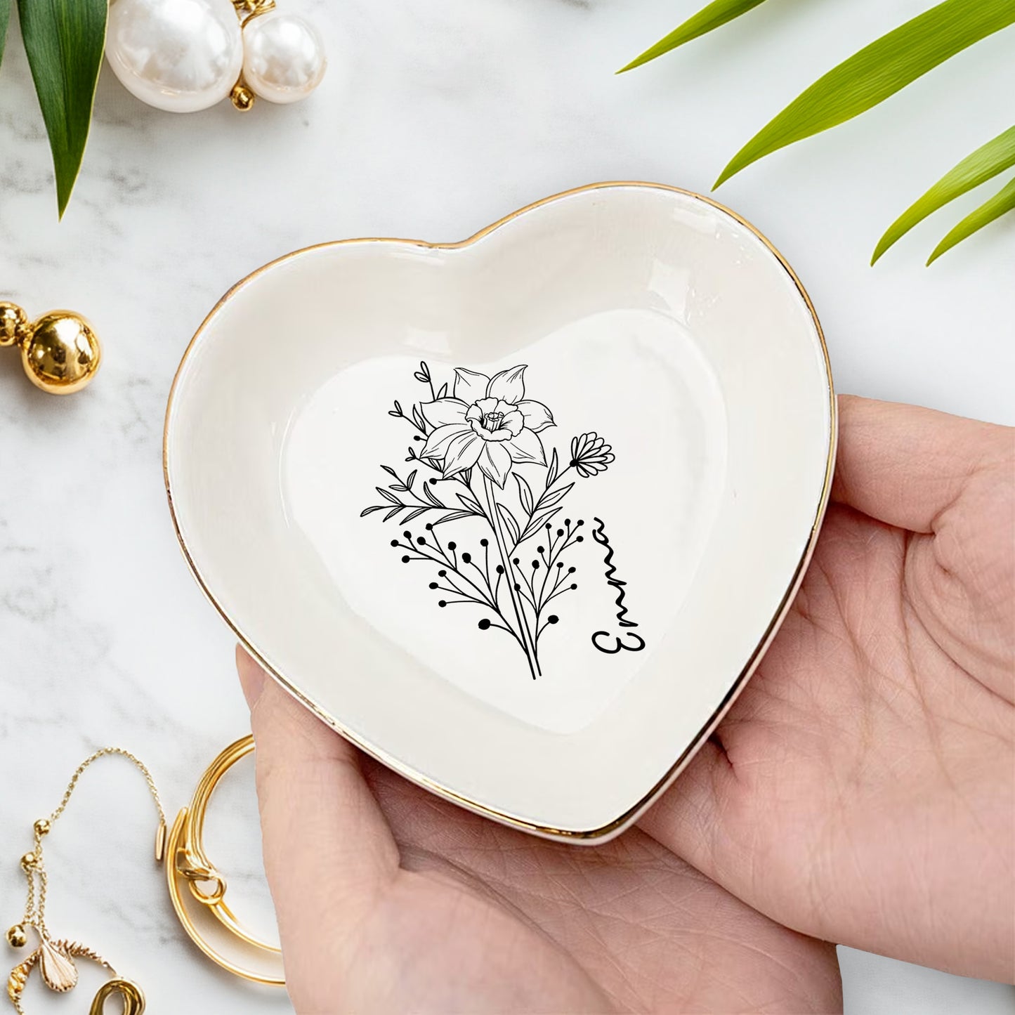 Netecom Elegant Personalized Birth Month Flower Jewelry Dish Set, Custom Name Gold Rim Ceramic Ring Tray for Bridesmaid & Mother's Day Gift