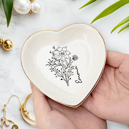Netecom Elegant Personalized Birth Month Flower Jewelry Dish Set, Custom Name Gold Rim Ceramic Ring Tray for Bridesmaid & Mother's Day Gift