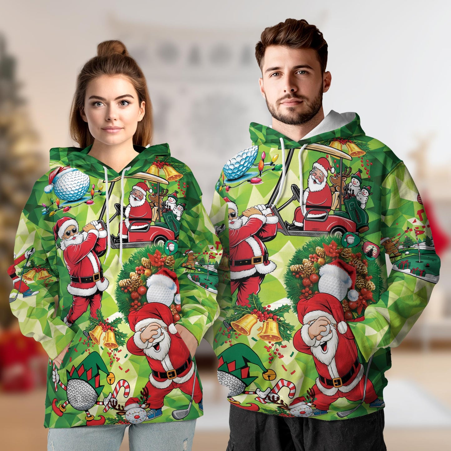 Netecom Santa Claus Christmas Print Hoodie with Front Pocket, All Over Golfer Holiday Graphic Sweatshirt Unisex Casual
