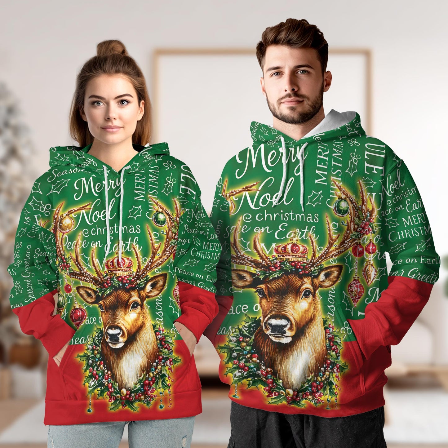 Netecom Reindeer Christmas 3D Hoodie with Front Pocket, Unisex Casual All Over Funny Holiday Graphic Sweatshirt