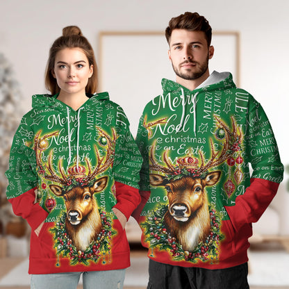 Netecom Reindeer Christmas 3D Hoodie with Front Pocket, Unisex Casual All Over Funny Holiday Graphic Sweatshirt