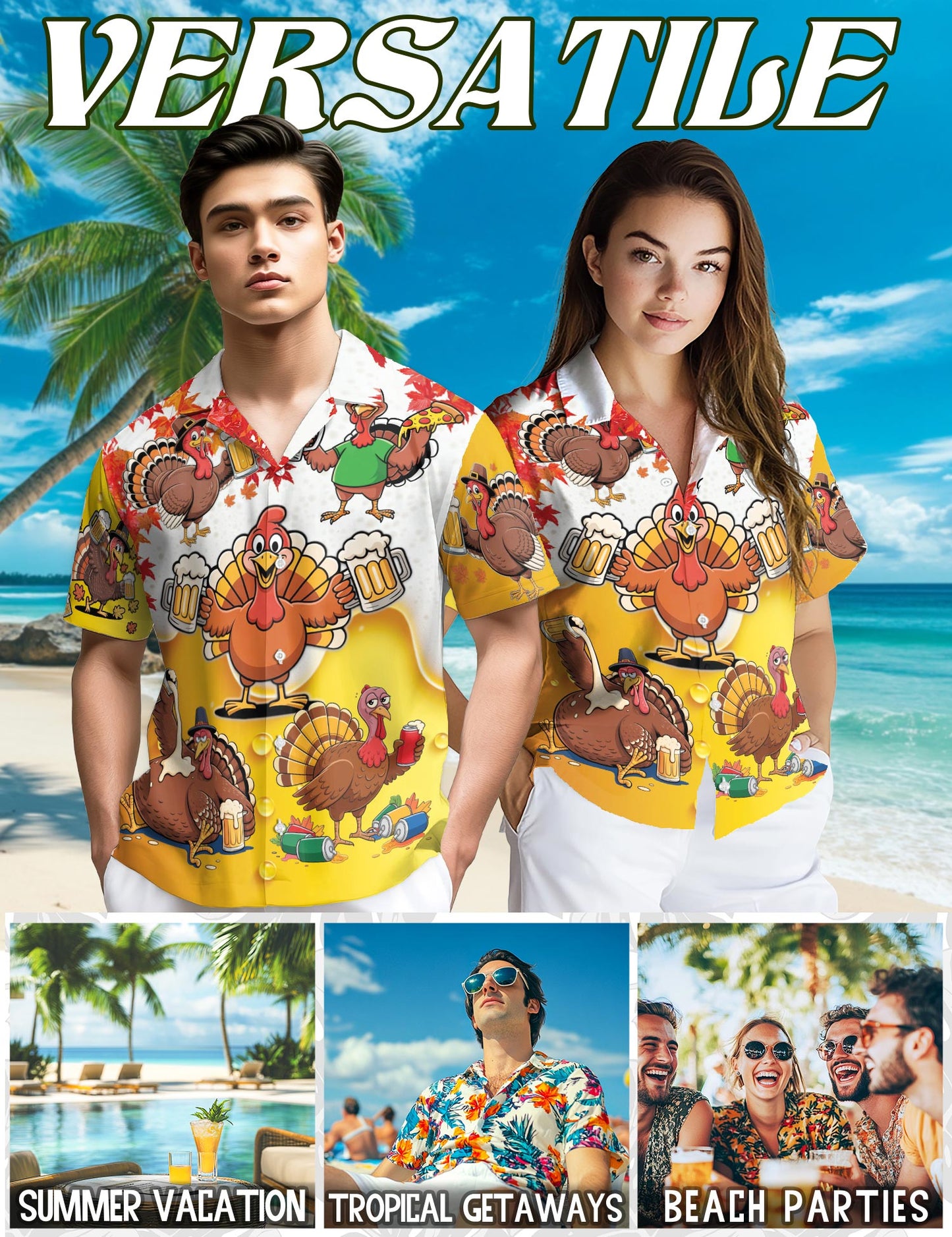 Netecom Funny Drunk Turkey Thanksgiving Hawaiian Shirt, Beer and Pizza Cartoon Print Button Down Summer Beach Shirts, S-5XL