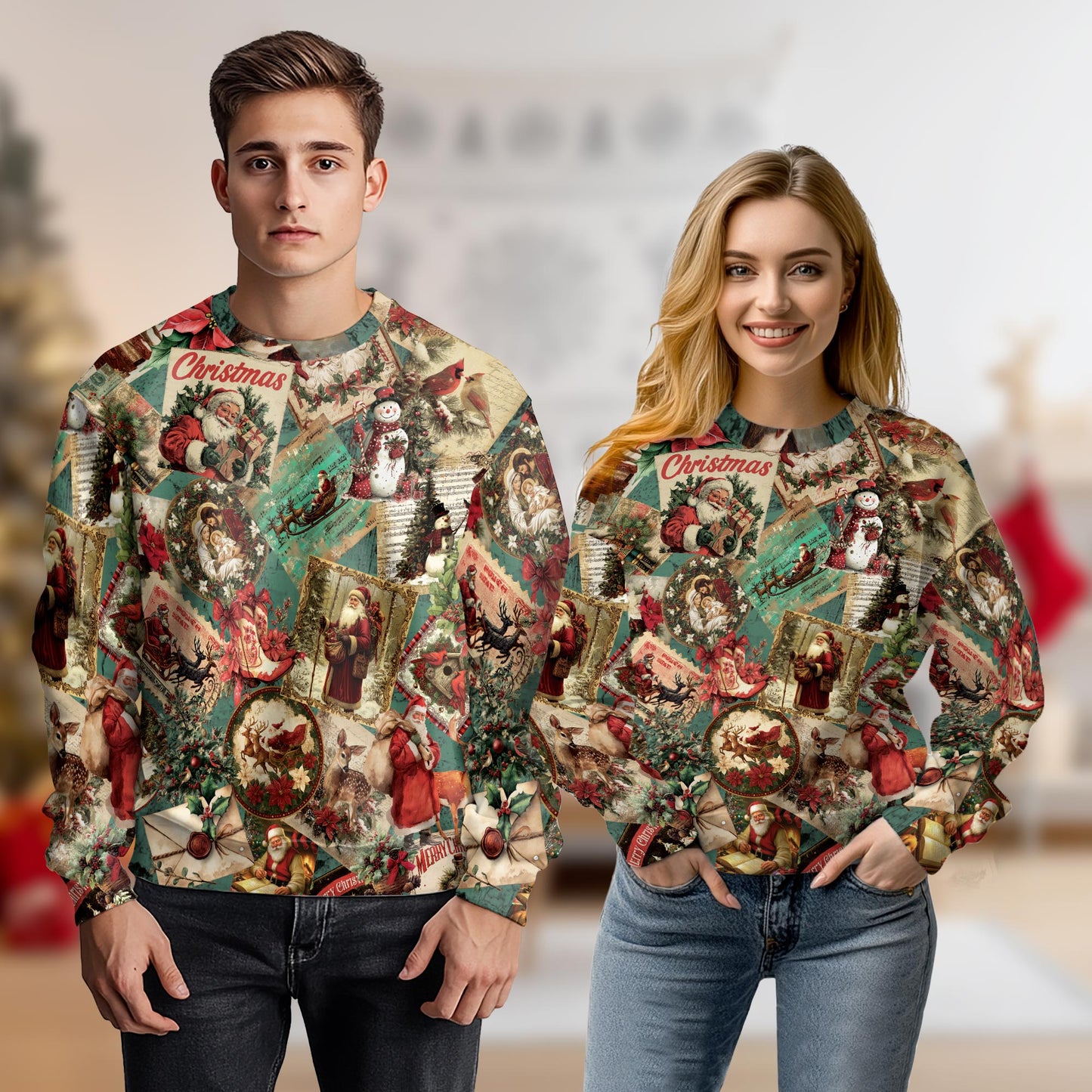 Netecom Vintage Christmas Santa Clause Sweatshirt 3D All Over Print, Retro Holiday Design, Crewneck Pullover for Costume Party