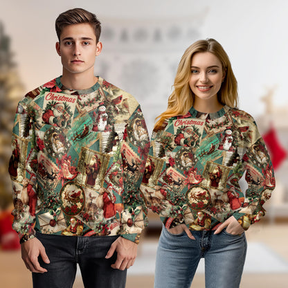 Netecom Vintage Christmas Santa Clause Sweatshirt 3D All Over Print, Retro Holiday Design, Crewneck Pullover for Costume Party