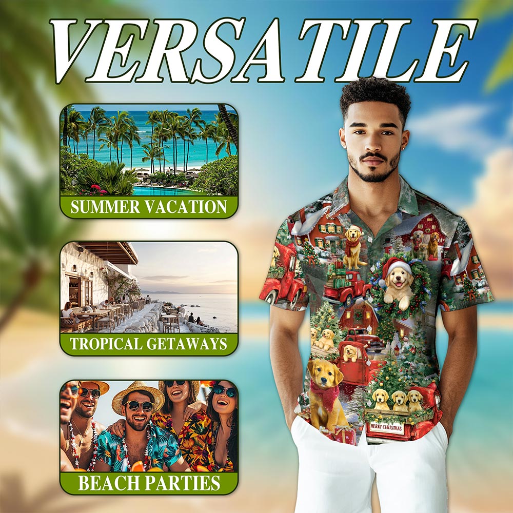 Netecom Golden Retriever Christmas Hawaiian Shirt for Men, Festive Dog Holiday Print Button Down Summer Beach Shirt, S-5XL