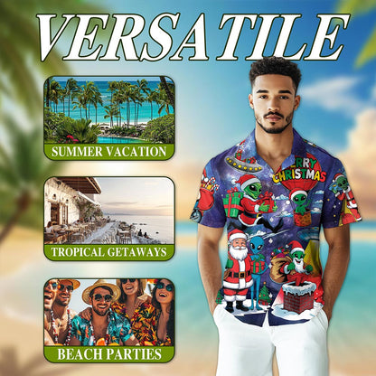 Netecom Alien Santa Claus Christmas Hawaiian Shirt for Men, Funny Galaxy Space Holiday Button Down Summer Beach Shirts, S-5XL