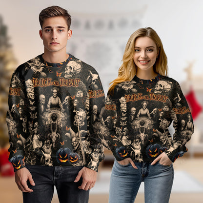 Netecom Halloween Skeleton Sweatshirt 3D All Over Print, Gothic Trick or Treat Design, Crewneck Pullover for Costume Party