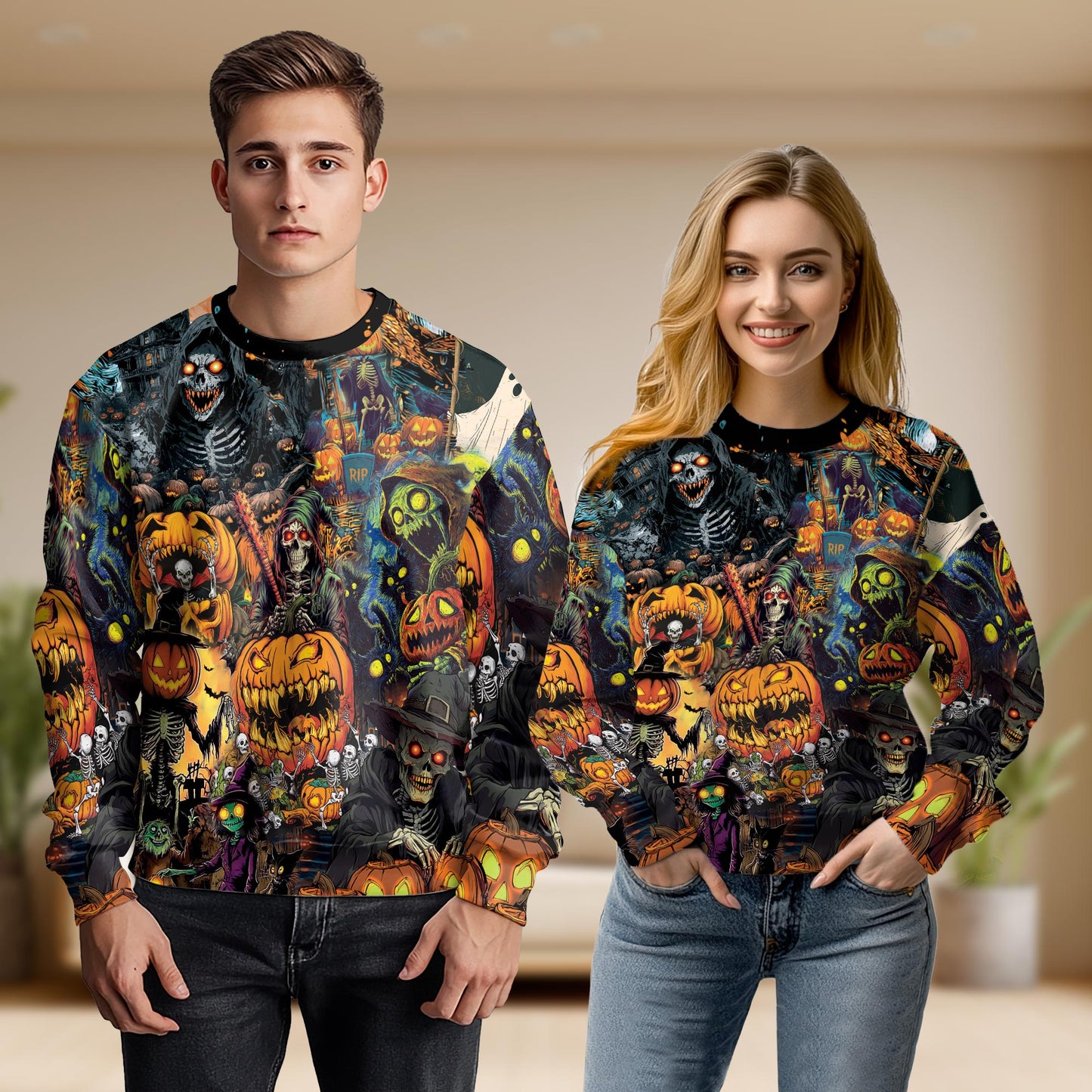 Netecom Halloween Skeleton Pumpkin Sweatshirt 3D All Over Print – Unisex Crewneck Pullover, Lightweight Fleece Casual Outfit