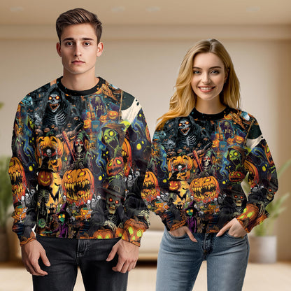 Netecom Halloween Skeleton Pumpkin Sweatshirt 3D All Over Print – Unisex Crewneck Pullover, Lightweight Fleece Casual Outfit