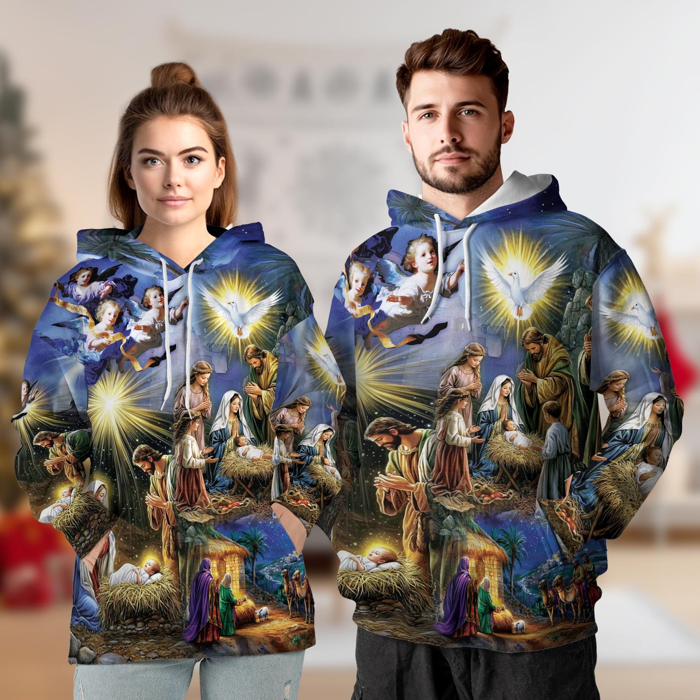 Netecom Nativity Scene Print Hoodie with Front Pocket, All Over Vintage Vintage Christmas Graphic Sweatshirt Unisex Casual