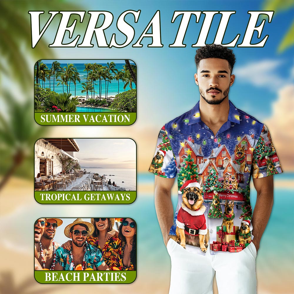 Netecom German Shepherd Christmas Hawaiian Shirt for Men, Festive Dog Holiday Print Button Down Summer Beach Shirt, S-5XL