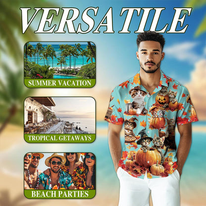 Netecom Cat Pumpkin Hawaiian Shirt for Men, Cute Kitten Halloween Holiday Button Down Summer Beach Short Sleeve Shirt, S-5XL
