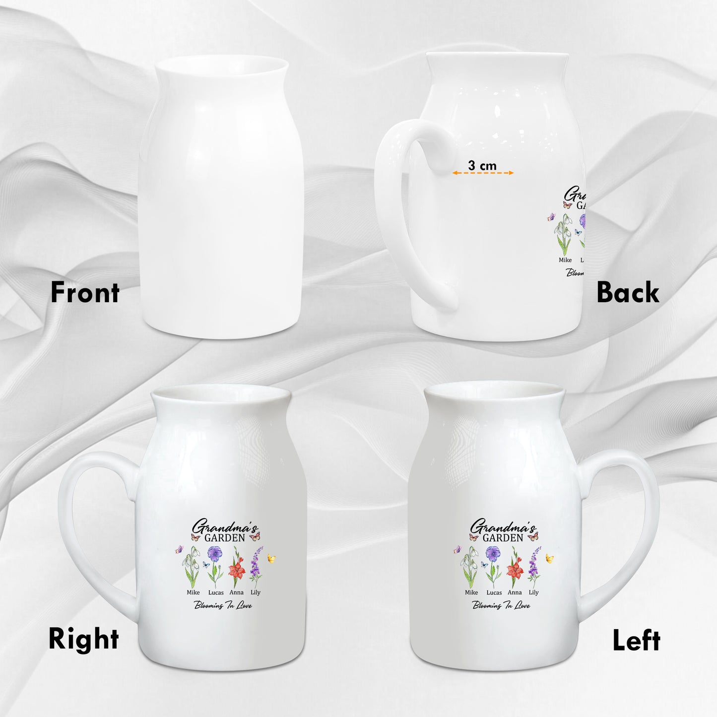 Netecom Personalized Ceramic Jug Vase with Birth Month Flowers and Custom Names, Unique Family Gift for Mother’s Day, Birthdays, or Holidays