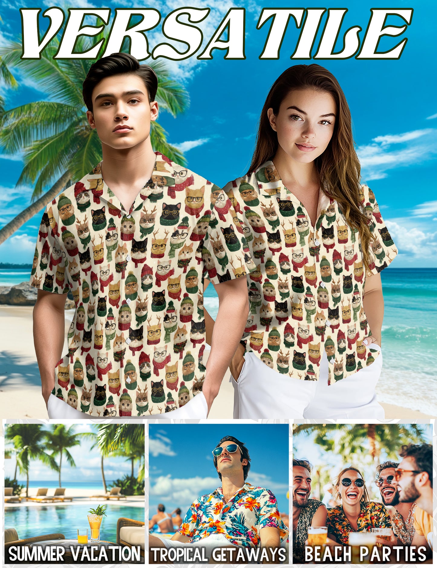 Netecom Christmas Cat Pattern Hawaiian Shirt, Cute Kitten in Glasses and Scarves Button Down Winter Holiday Beach Shirt