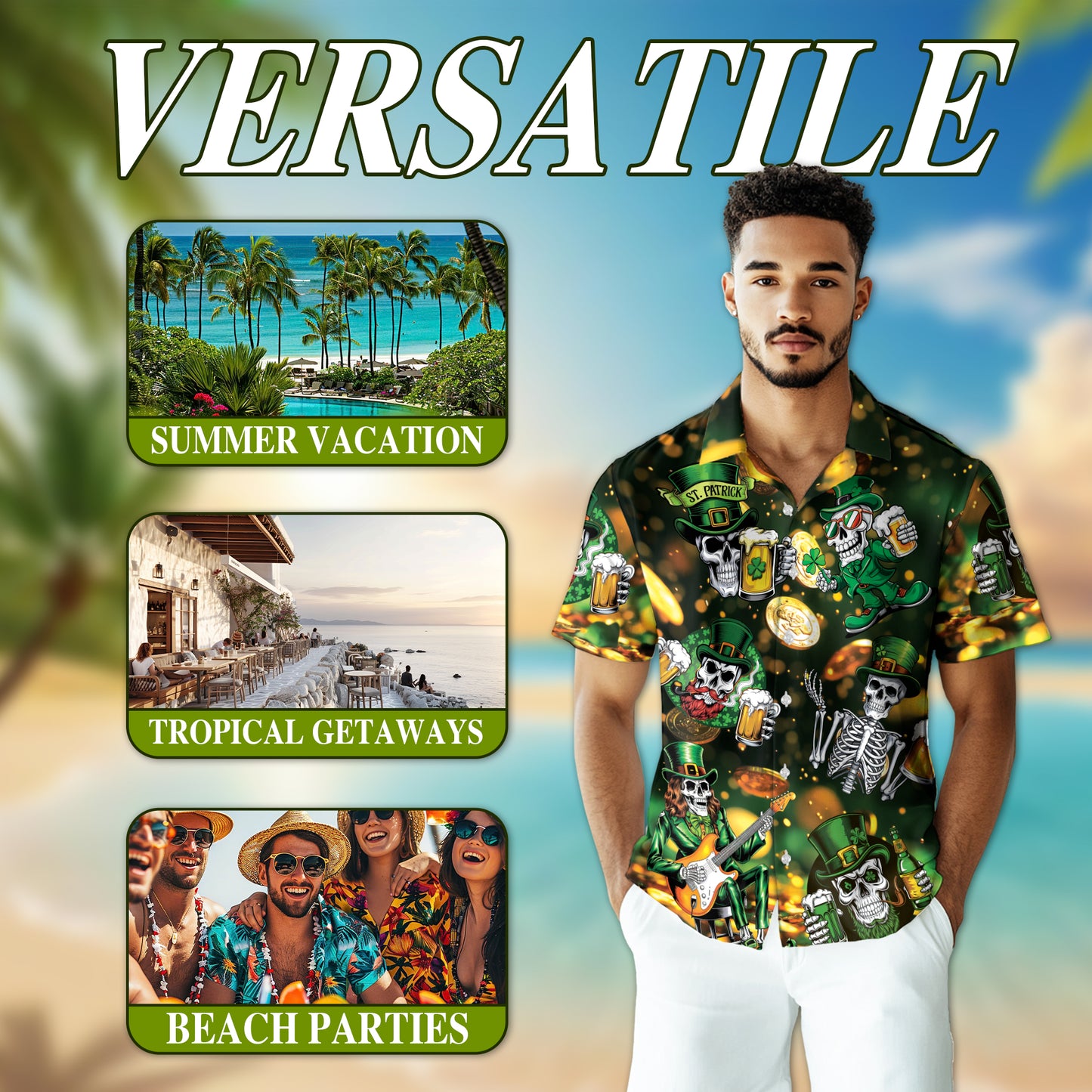 Netecom St Patrick's Day Skull Beer Hawaiian Shirt for Men Women, Button Down Summer Beach Short Sleeve Shirts