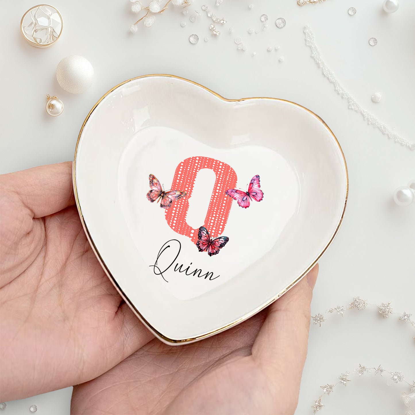 Netecom Personalized Ceramic Jewelry Tray with Initials and Floral Design, Ideal Gift for Weddings, Birthdays, or Family Occasions