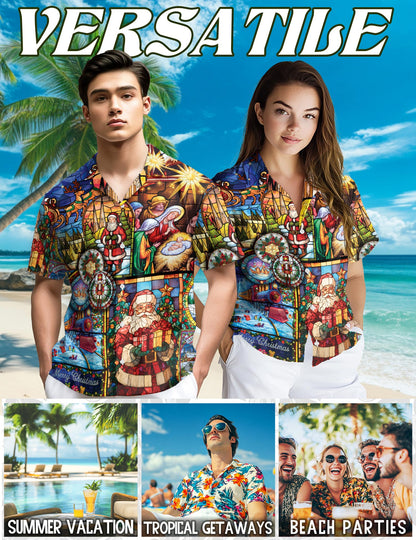 Netecom Christmas Stained Glass Hawaiian Shirt for Men, Nativity Scene Santa Claus Aloha Button Down Summer Beach Shirt, S-5XL