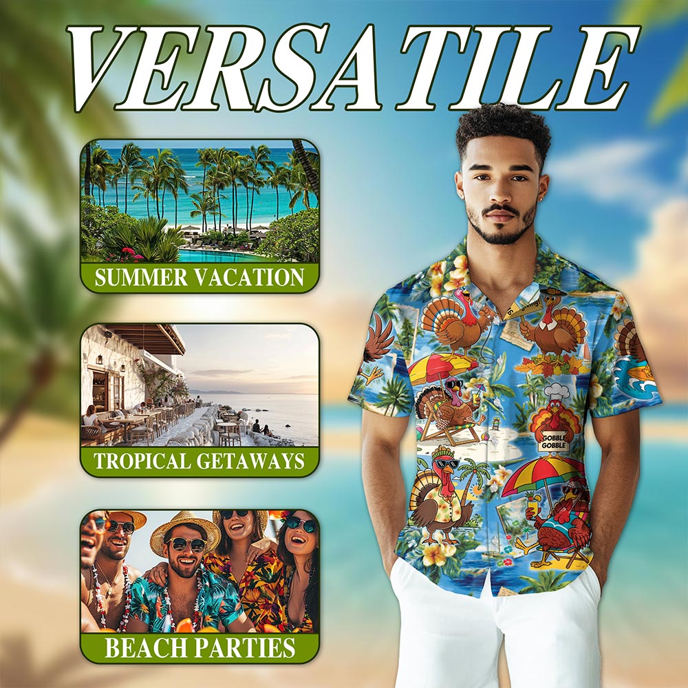 Netecom Turkey Happy Thanksgiving Hawaiian Shirt for Men Women, Funny Turkey Button Down Summer Beach Shirts, S-5XL