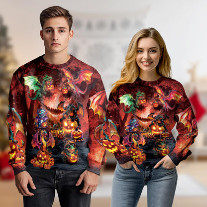Netecom Halloween Dragon Pumpkin Sweatshirt 3D All Over Print, Fantasy Spooky Outfit, Crewneck Pullover for Costume Party