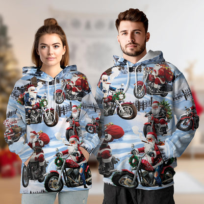 Netecom Santa Claus Motorcycle Christmas Print Hoodie with Front Pocket, All Over Graphic Winter Snow Sweatshirt Unisex Casual