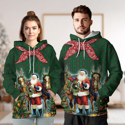 Netecom Santa Claus Cowboy Christmas Pattern 3D Hoodie with Front Pocket, Unisex Casual All Over Graphic Sweatshirt