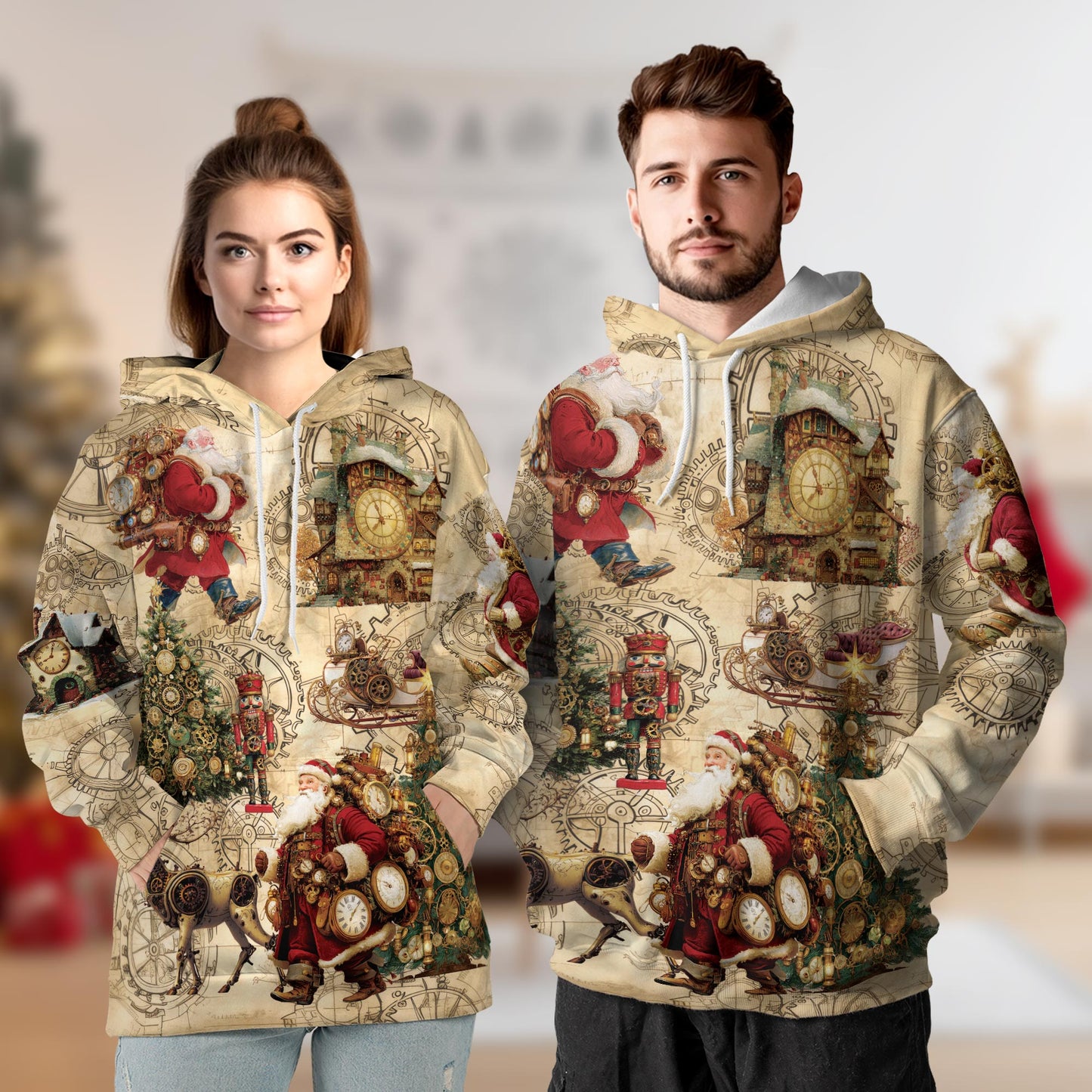 Netecom Steampunk Christmas Print Hoodie with Front Pocket, All Over Santa Claus Clock Gears Graphic Sweatshirt Unisex Casual